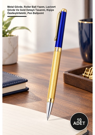 10 Adet Metal Roller Kalem Metal Gövde, Roller Ball Yazım, Lacivert Gövde Ve Gold Detaylı Tasarım, Kişiye Özelleştirilebilir, Pen Ballpoint 1
