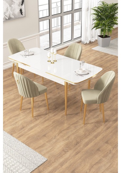 Canisa Edaf Serisi 80x132 Açılabilir Beyaz Mutfak Masa Takımı 4 Krem Sandalye Gold Detay Masa Beyaz Sandalye Cappucino Ayak Gold Canisa Edaf Serisi 80x132 Açılabilir Beyaz Mutfak Masa Takımı 4 Krem Sandalye Gold Detay Masa Beyaz Sandalye Cappucino Ayak Gold