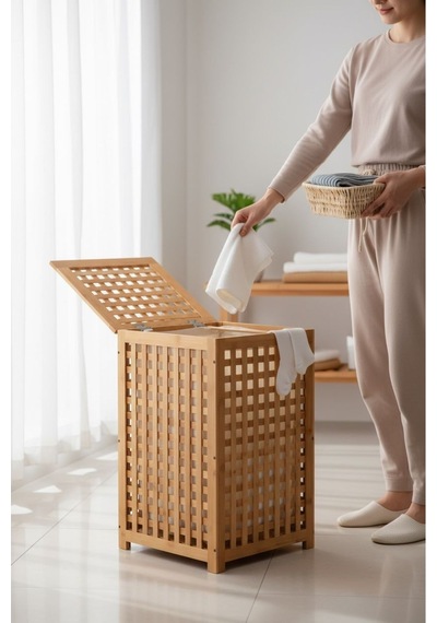 Bambu Çamaşırlık - Kirli Çamaşır Sepeti 45x45x62 Cm. Açık Kahverengi