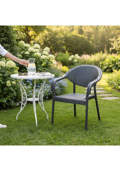 4 Adet Bambu Plastik Rattan Bahçe Balkon Teras Sandalyesi Gizli Metal Profil Ayaklı Kollu Sandalye Gri