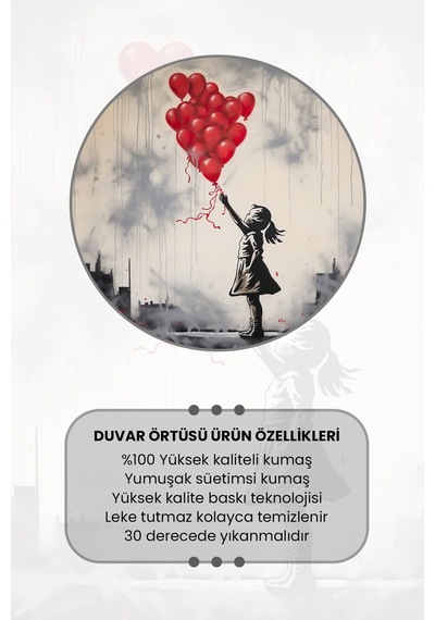 Kırmızı Balonlu Kız Desenli Duvar Halısı Duvar Örtüsü Tapestry Süet Dokulu Kumaş