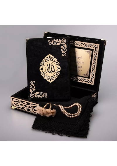 Şal + Tesbih + Kuran Hediye Seti Orta Boy, Şemslafzatullah, Gold Pleksi, Raşel Kutu, Siyah