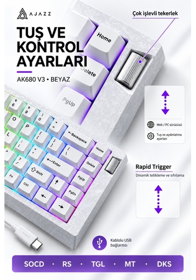 Ajazz Ak680 V3 8000 Hz Manyetik Rgb Oyuncu Klavyesi Beyaz Ice Island