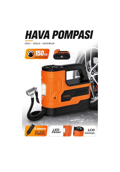 Auhma A7788 150 Psı Dijital Araç Lastik Şişirme Hava Kompresörü Turuncu 12v Çakmaklık Girişli, Oto