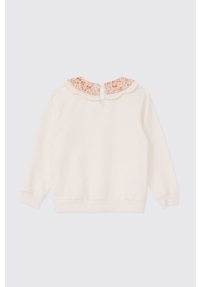 Panço Kız Çocuk Yakalı Yumuşak Dokulu Ekru Sweatshirt Krem 2621GK08014