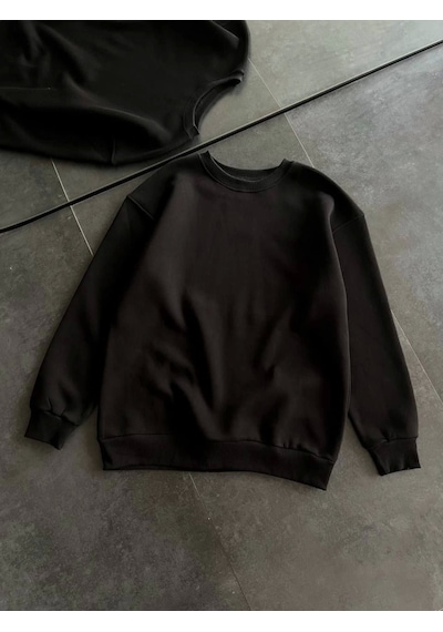 Etiler Collection Kışlık Bisiklet Yaka Üç İplik Basic Sweatshirt - Siyah