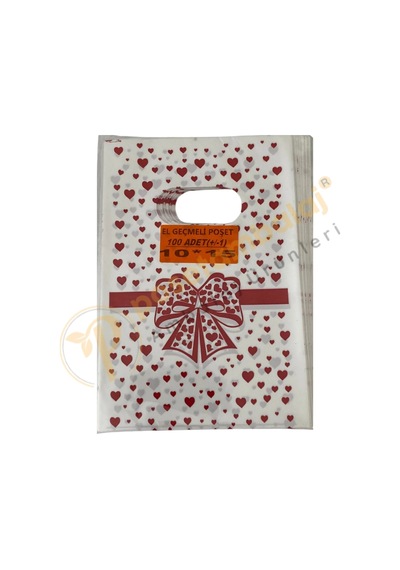 Kırmızı Fiyonk & Kalp Desenli Hediyelik Poşet 10x15 Cm