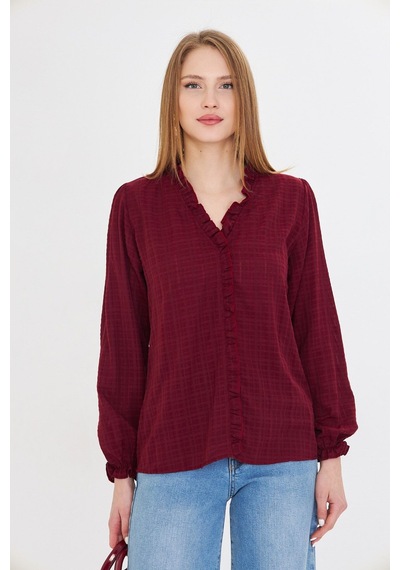 Armonika Kadın Bordo Yakası Ve Önü Fırfır Detaylı Kolları Lastikli Uzun Kollu Bluz Arm-25k001030