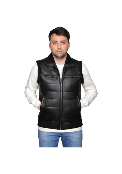 Asya Club Asyaclub Max Hakiki Deri Erkek Siyah Trikolu Şişme Yelek Siyah