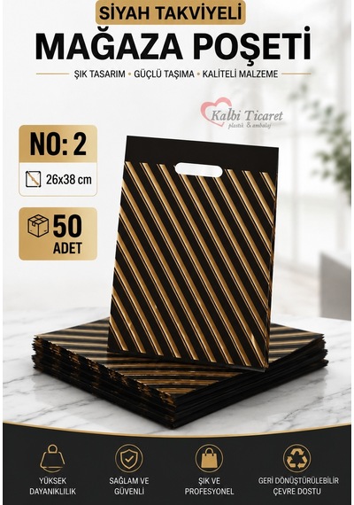 Mağaza Poşeti Çizgili Siyah Poşet No 2 50'li Diagonal Takviyeli Poşet 26x38 Cm