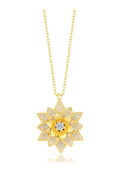 Gümüş Gold Beyaz Taşlı Lotus Çiçeği Kadın Kolye Gold