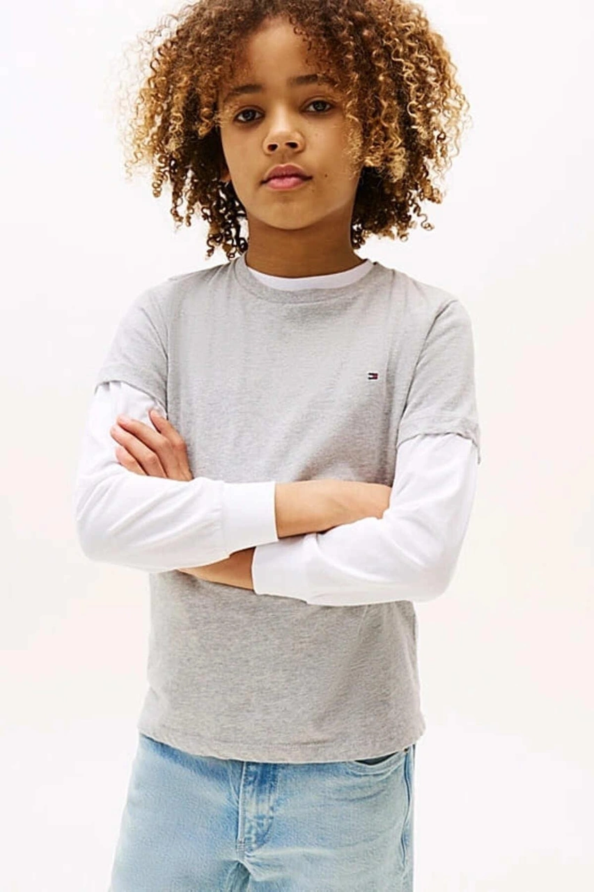 Tommy Hilfiger Erkek Çocuk Basic Pamuklu T-shirt - Gri-10990 Grey Heather
