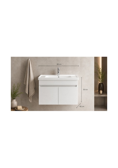 Kale 80cm Beyaz Demonte Lavabolu Alt Banyo Dolabı, Seramik Lavabo Dahil Beyaz