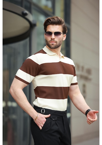 Madmext Kahverengi Polo Yaka Çizgili Erkek Triko Tişört E7411 Kahverengi