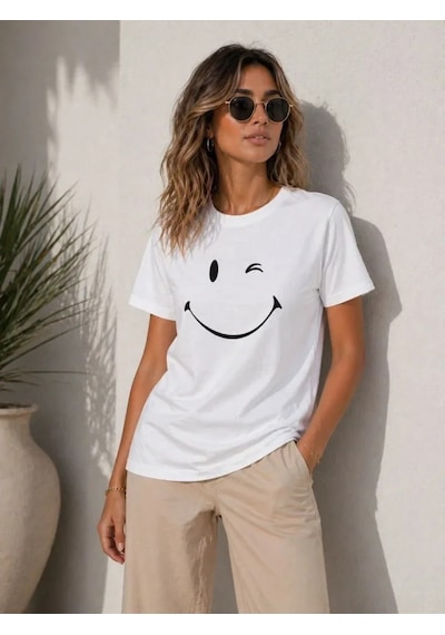 Efnaz Style Minimal Gülümseyen Yüz Baskılı Tişört Kısa Kol Yazlık T-shirt - Beyaz