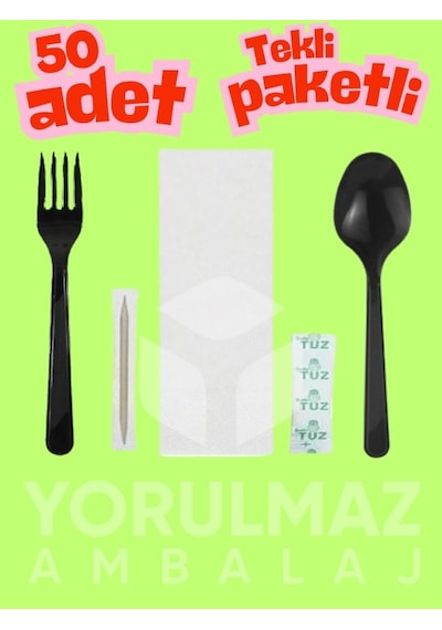 50 Li Siyah Lüks Tekli Ambalajlı Yemek Seti Hijyenik, Pratik, Premium Kalite Kaşık Çatal Peçete Tuz Kürdan