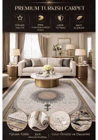 Modern Klasik Gri Bej Gold Detaylı Salon Halısı Yumuşak Dokulu, Sık Dokuma, Leke Tutmaz Premium Halı Çok Renkli