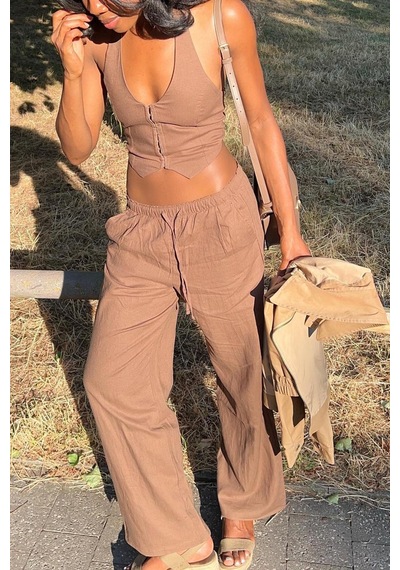 Madmext Kahverengi Beli Büzgülü Wide Leg Kumaş Pantolon Mg1950-kahverengi Kahverengi
