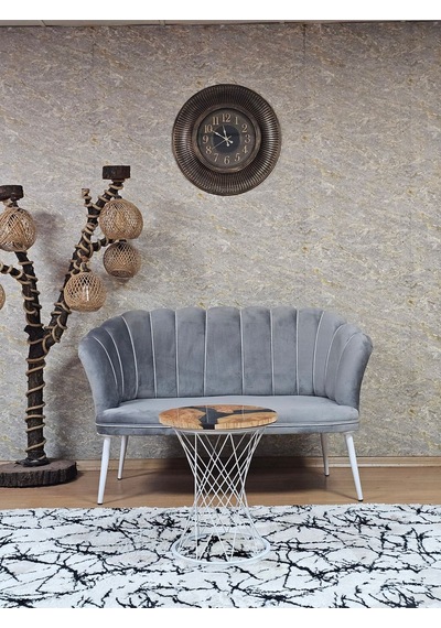 Zafir İkili Papatya Çay Seti Koltuk Beyaz Boyalı Sivriltme Ayak, Balkon, Salon, Ofis, Koltuk Takımı Gri