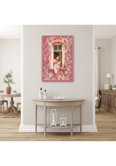 Pembe Pencerede Kitap Okuyan Kız Metal Tablo 66x95 Cm Çok Renkli
