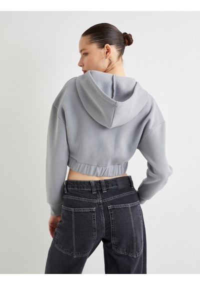 Koton Crop Kapşonlu Sweatshirt Fermuarlı Baskılı Korse Görünümlü Gri 4sal10690ık Gri