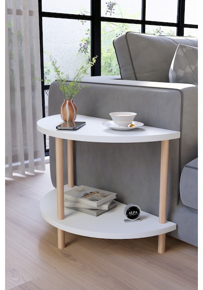 Modern Ahşap İki Raflı Koltuk Yanı Sehpa Çevirmeli Kurulum Salon Yan Sehpası Beyaz