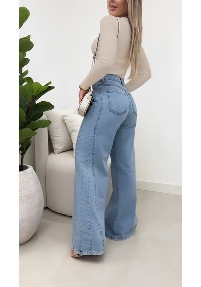 Hazego Kadın Yüksek Bel Paçaya Doğru Geniş Kesimli Kot Pantolon Mavi
