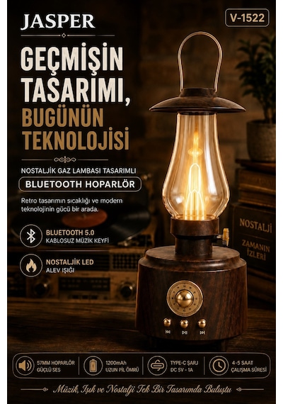 Jasper Jpr-1522 Retro Bluetooth Hoparlör Nostaljik Gaz Lambası Tasarımlı Led Alev Işığı 57mm 5w