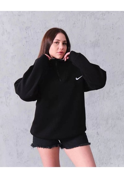 Kadın Yarım Fermuarlı Üç İplik Şardonlu Pamuklu Sweatshirt - Siyah