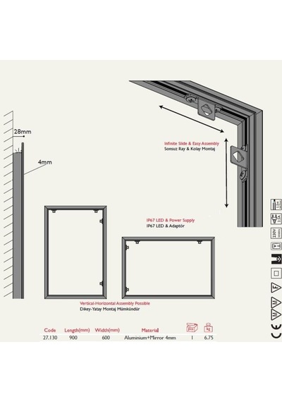 Arka Aydınlatmalı Led Işıklı Ayna 60x90Cm