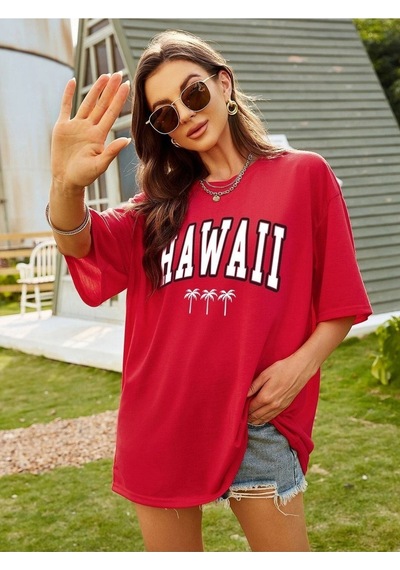 Hawaii T-shirt - Kırmızı Baskılı Oversize Bisiklet Yaka Kısa Kol Tişört Kirmizi