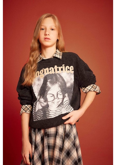 Defacto Kız Çocuk Oversize Geniş Kalıp Bisiklet Yaka Baskılı Sweatshirt G3270a825wnar104 Antrasit-ar104
