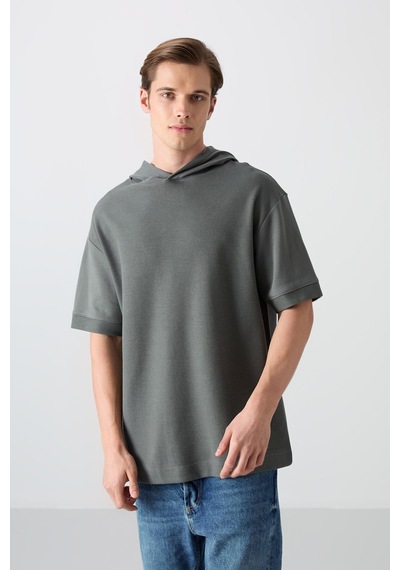 Tommy Life Haki Pamuklu Kalın Yüzeyi Dokulu Oversize Fit Basic Erkek T-shirt - 88335 Haki