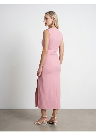 DİLVİN 91704 Yırtmaç Detaylı Midi Elbise-toz Pembe
