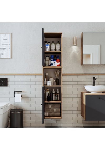 Banyo Dolabı Mat Mdf 150 X 35 Cm Boy Dolabı Atlantik Çam - Antrasit