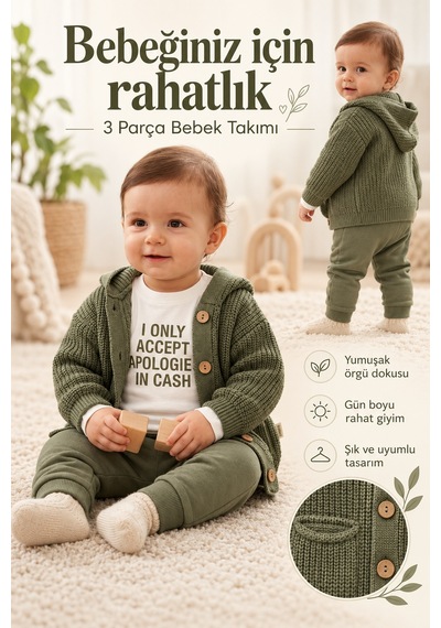 Ahengim Erkek Bebek 3 Parça Kapüşonlu Örgü Hırka Tişört Ve Pantolon Takım Ak50749 Yeşil