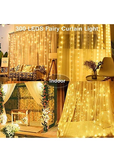 3000k Led Işık Perdesi - 3x3m, 300 Led, 8 Programlı Uzaktan Çok Renkli
