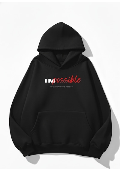 Uyguntarz Unisex Yumuşak Dokulu Impossible Baskılı Tasarım Oversize 3 İplik Hoodie Sweatshirt siyah