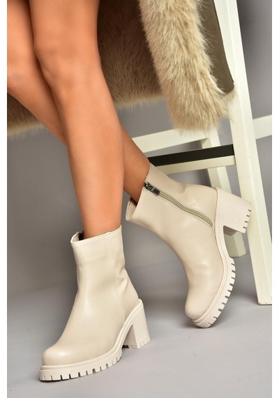 Fox Shoes T726911109 Bej Kalın Topuklu Kadın Bot Bej-suni Deri Bej