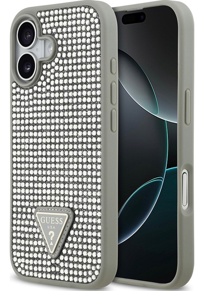Apple Uyumlu iPhone 17 Kılıf Guess Lisanslı Taşlı Arka Yüzey Üçgen Logolu Kapak Gümüş