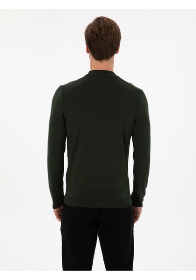 Cacharel Koyu Yeşil Slim Fit Yün Karışımlı Çeyrek Balıkçı Basic Triko Kazak Yesıl