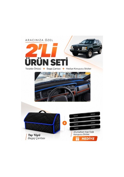 E-biz Jeep Grand Cherokee 1993-1998 Uyumlu Torpido Örtüsü + Tay Tüyü Çanta - Siyah-mavi - Je001