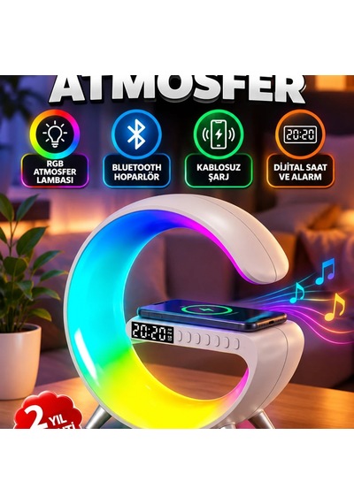 Rgb Atmosfer Lambası Bluetooth Hoparlör, Kablosuz Şarj, Dijital Saat Ve Gündoğumu Alarm