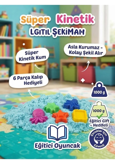 6 Kalıp Hediyeli Kinetik Oyun Kumu Kolay Temizlenen Parlak Kurumayan Güvenli Eğitici Oyuncak Kum Turkuaz