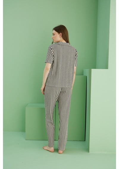 Siyah İnci Bürümcük Krınkıl Kumaş Örme Düğmeli Pijama Takım25118553 Çok Renkli