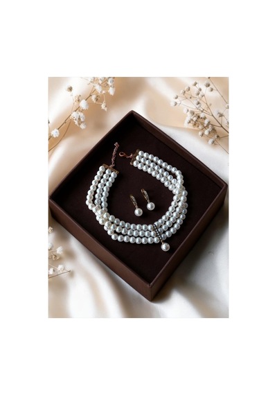 Kristal Taşlı Üç Sıra İnci Tasma Kolye Ve İnci Küpe Seti Beyaz 30839555