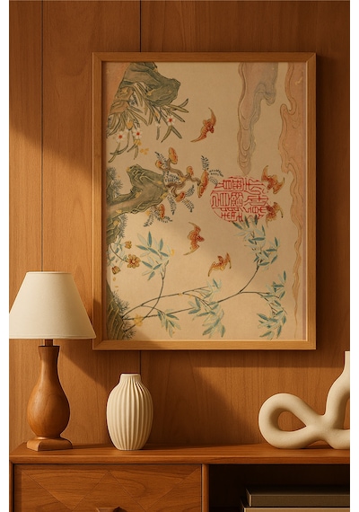 Japon Motifleri Doğal Ahşap Çerçeveli Poster, Dekoratif Sanatsal Duvar Tablosu