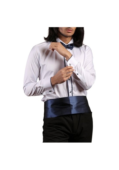 Dicotto Beyaz Lacivert Çift Bieli Damatlık Ata Yaka Kol Düğmeli Slim Fit Smokin Gömlek - 011 001