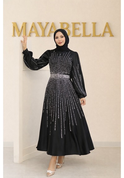 Mayabella İşlemeli Saten Tesettür Abiye Siyah Siyah