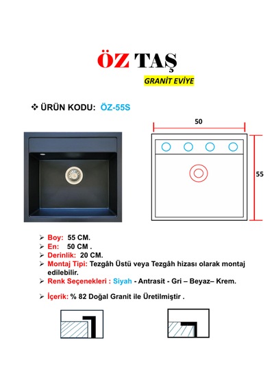 Öztaş Öz-55S Granit Mutfak Eviye Siyah 50 x 55 CM